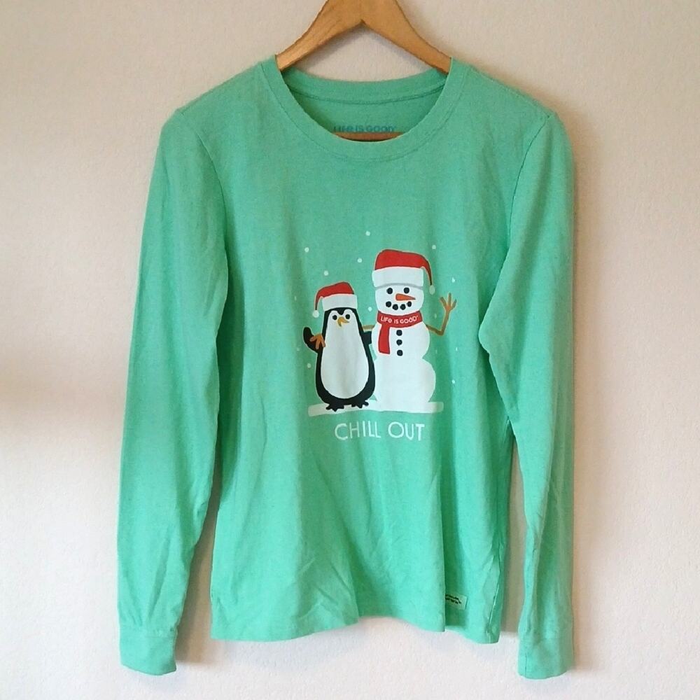 Life Is Good Penguin Snowman Green Long Sleeve Crusher Tee